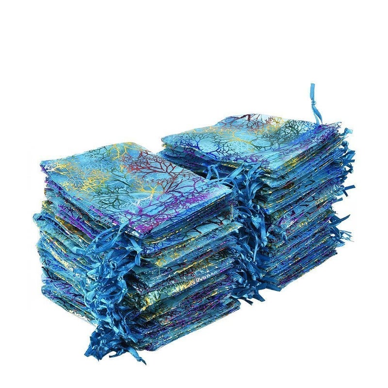 Stratalife Organza Bags 4x6 Small Drawstring Jewelry Pouches Party Favor Goodie Bags for Wedding Present Candy 50PCS (Blue Coralline) - Image 1